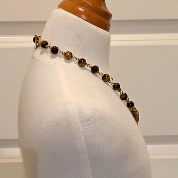 Handmade Genuine Tiger's Eye and Gold Painted Quartz Point Goldtone Necklace - Picture 3 of 6